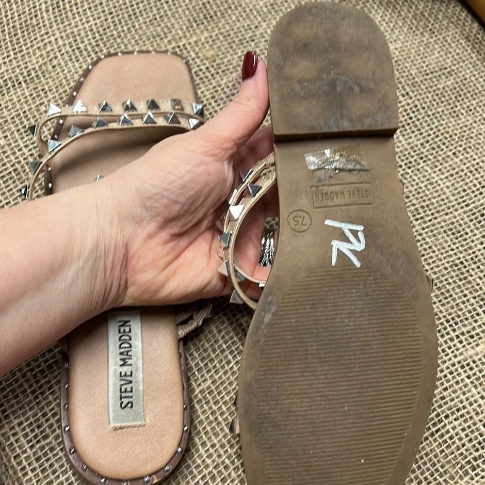Steve Madden Nude Tan Studded Strappy Flat Sandals - Picture 5 of 7